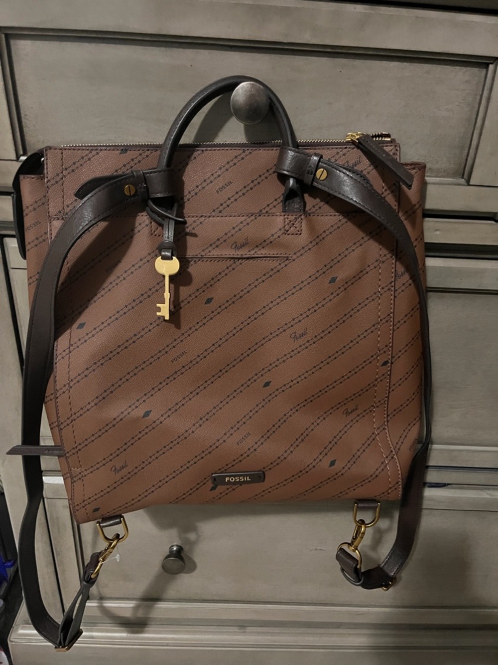 Fossil Brown & Dark Brown Logo-Print Backpack with Key Charm